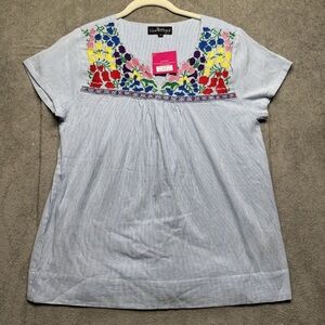 Lou & Grey Blue Striped Top with Multicolor Embroidery